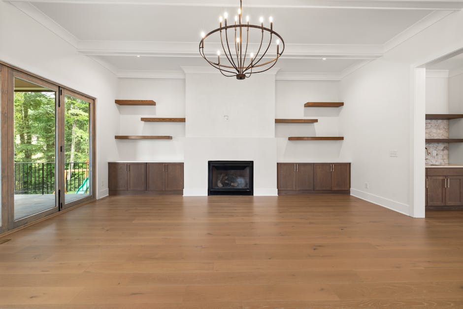 farmhouse fireplace with wooden floating shelves